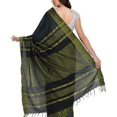 Black-Olive Green women's Bhagalpuri Handloom Katan Viscous Silk Temple Border Saree Ethnic Wear With Running Unstitched Striped Blouse Piece - View 4
