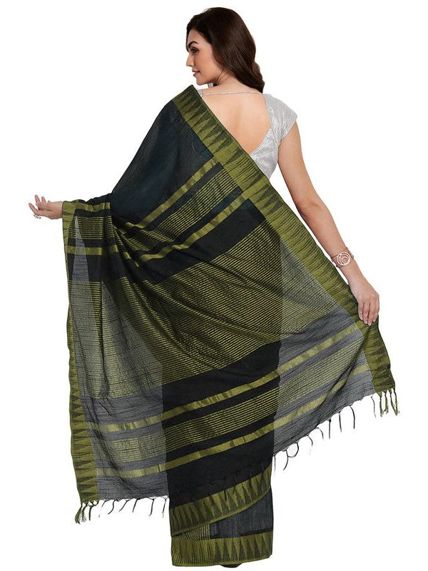 Black-Olive Green women's Bhagalpuri Handloom Katan Viscous Silk Temple Border Saree Ethnic Wear With Running Unstitched Striped Blouse Piece - View 4