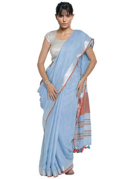 Powder Blue-Orange women's Bhagalpuri Handloom Cotton Linen Blend Contrast Pallu Saree And Unstitched Contrast Blouse Piece