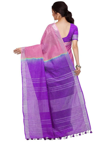 Blush Pink & French Violet women's Handloom Bhagalpuri Cotton Linen Blend Two Dye Saree With Running Unstitched Blouse Piece - View 3