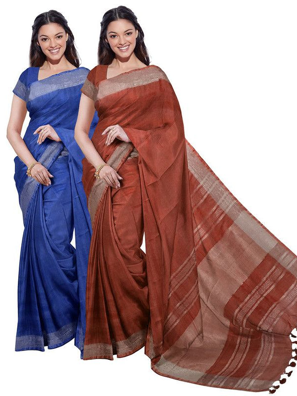Cobalt Blue & Sienna Orange women's Bhagalpuri Handloom Cotton-Linen Blend Saree Combo (Pack Of 2) With Running Unstiched Blouse Piece