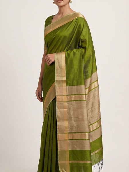 Tussar Cotton Silk Bhagalpuri Saree with Designed Border for women with Free Blouse Piece (Avocado Green) - View 2
