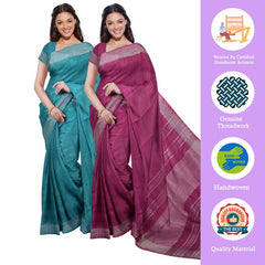 Cyan & Raspberry Pink women's Bhagalpuri Handloom Cotton-Linen Blend Saree Combo (Pack Of 2) With Running Unstiched Blouse Piece - View 2