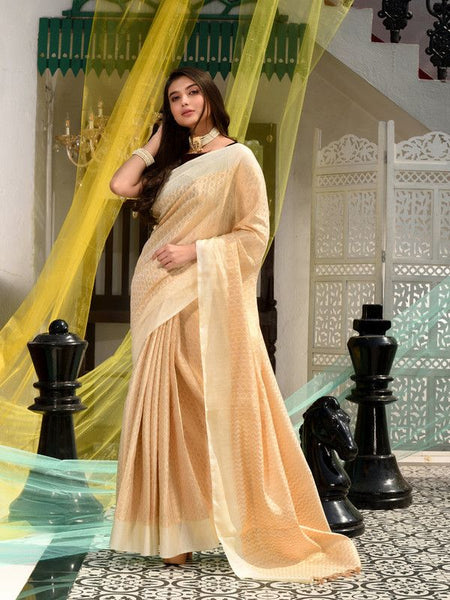 Cotton Tissue Silk Geometric Pattern Designer Saree (Ecru_Beige) - View 2