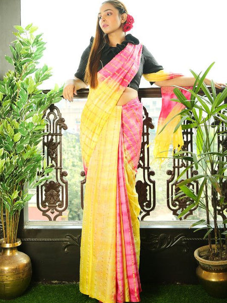Handloom Bhagalpuri Kota Art Silk Tie Dye Dye Saree ( Yellow & Pink)