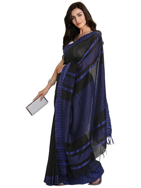 Bhagalpuri Handloom Katan Viscous Silk Temple Border Saree Ethnic Wear With Running Unstitched Striped Blouse Piece - View 3