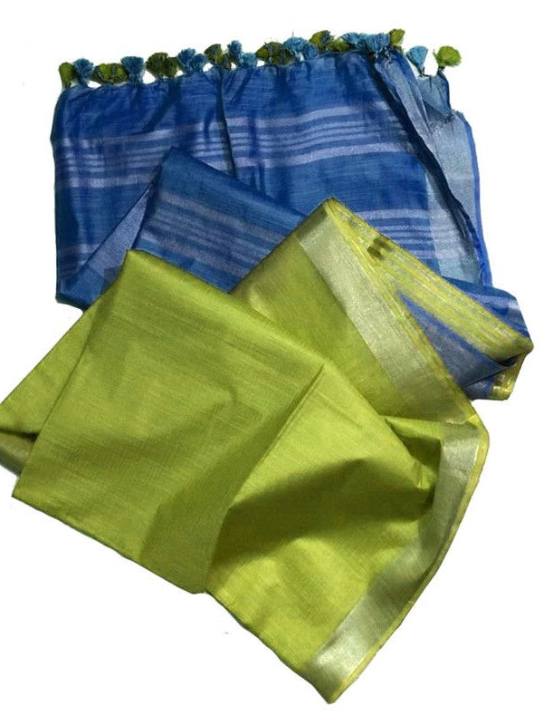 Cerulean Cyan & Yellowish Green women's Ethnic Wear Bhagalpuri Handloom Cotton Linen Blend Two Dye Saree With Running Unstitched Blouse Piece - View 6