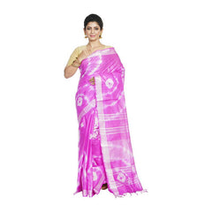 Phlox Purple women's Bhagalpuri Handloom Linen Blend Tie-Dye (Sibory Dye) Saree With Running Unstiched Blouse Piece