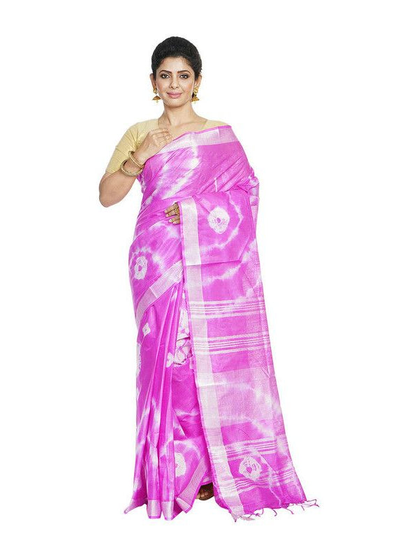 Phlox Purple women's Bhagalpuri Handloom Linen Blend Tie-Dye (Sibory Dye) Saree With Running Unstiched Blouse Piece
