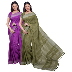 Electric Purple & Moss Green women's Bhagalpuri Handloom Cotton-Linen Blend Saree Combo (Pack Of 2) With Running Unstiched Blouse Piece