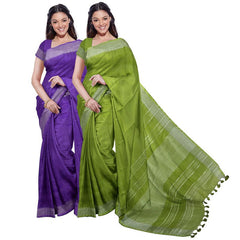 French Violet & Green women's Bhagalpuri Handloom Cotton-Linen Blend Saree Combo (Pack Of 2) With Running Unstiched Blouse Piece