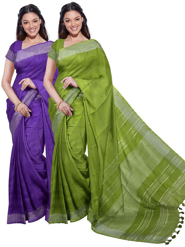 French Violet & Green women's Bhagalpuri Handloom Cotton-Linen Blend Saree Combo (Pack Of 2) With Running Unstiched Blouse Piece