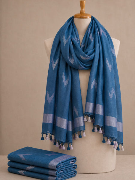 Linen Cotton Blend Zari Weaving Handloom Ikkat Dupatta (12011 Cerulean_Blue)