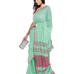 Aquamarine Turquoise-Pink women's Bhagalpuri Handloom Cotton Linen Blend Contrast Pallu Saree And Unstitched Contrast Blouse Piece