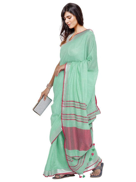 Aquamarine Turquoise-Pink women's Bhagalpuri Handloom Cotton Linen Blend Contrast Pallu Saree And Unstitched Contrast Blouse Piece