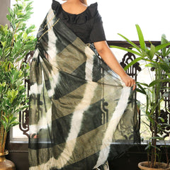Art Silk Kota Striped Sibory Handloom Two Dye Saree (Black & White) - View 2