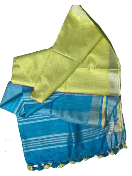 Tea Green women's Bhagalpuri Ethnic Wear Handloom Cotton Linen Blend Zari Border Two Dye Saree With Running Unstitched Blouse Piece