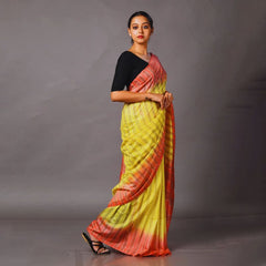 Striped Handloom Semi Tussar Silk Bhagalpuri Two Dye Saree (Wallte_Yellow & Jaffy_Orange) - View 2