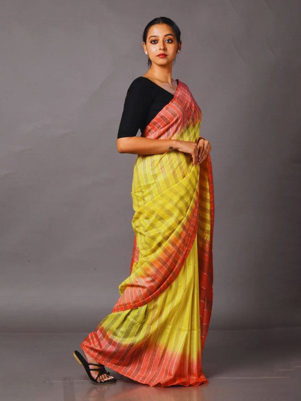 Striped Handloom Semi Tussar Silk Bhagalpuri Two Dye Saree (Wallte_Yellow & Jaffy_Orange) - View 2