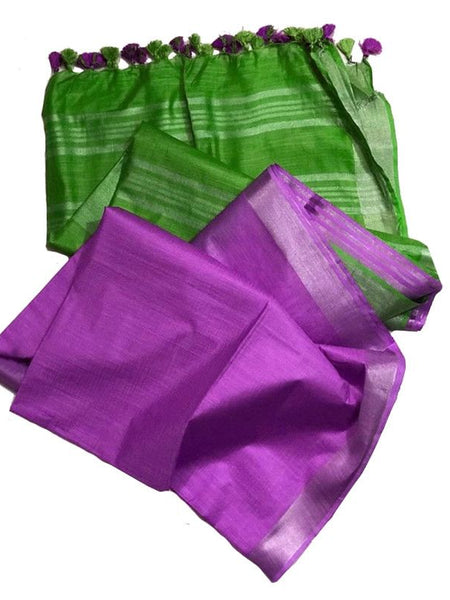 Kelly Green & Steel Purple Bhagalpuri Handloom women's Ethnic Wear Cotton Slub Blend Two Dye Saree With Running Unstitched Blouse Piece - View 2