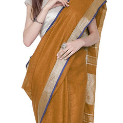 Ochre Brown women's Bhagalpuri Handloom Cotton Linen Blend Saree With Contrast Unstiched Blouse Piece - View 5