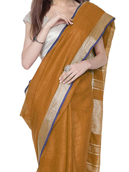 Ochre Brown women's Bhagalpuri Handloom Cotton Linen Blend Saree With Contrast Unstiched Blouse Piece - View 5