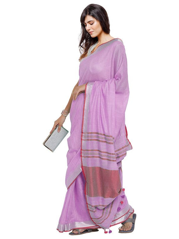 Lavender Pink-Pink women's Bhagalpuri Handloom Cotton Linen Blend Contrast Pallu Saree And Unstitched Contrast Blouse Piece - View 3