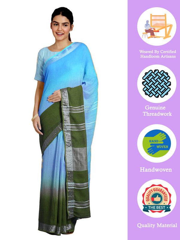 Capri Cyan & Moss Green women's Bhagalpuri Handloom Linen Cotton Blend Two Dye Saree With Running Unstitched Blouse Piece - View 2