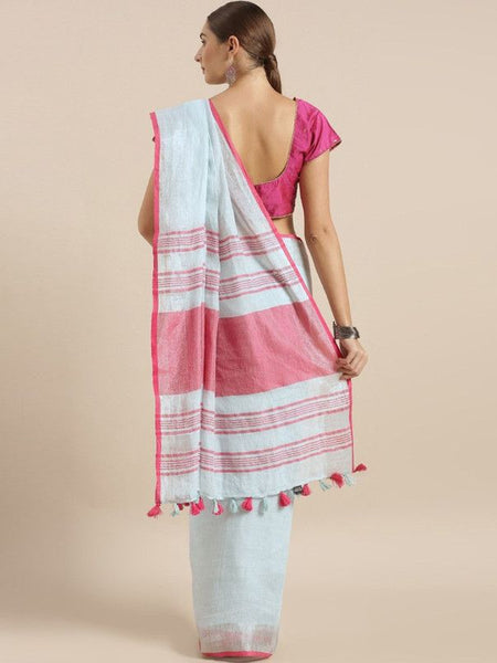 Handloom Linen Cotton Blend Contrast Pallu Bhagalpuri Saree for Women (Cellie_Cyan-Pink) - View 2