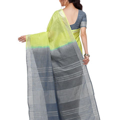 Lime Green & Grey women's Handloom Bhagalpuri Linen Cotton Slub Blend Two Dye Saree With Running Unstitched Blouse Piece - View 4