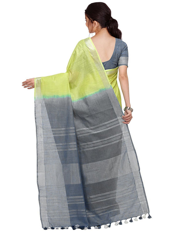 Lime Green & Grey women's Handloom Bhagalpuri Linen Cotton Slub Blend Two Dye Saree With Running Unstitched Blouse Piece - View 4
