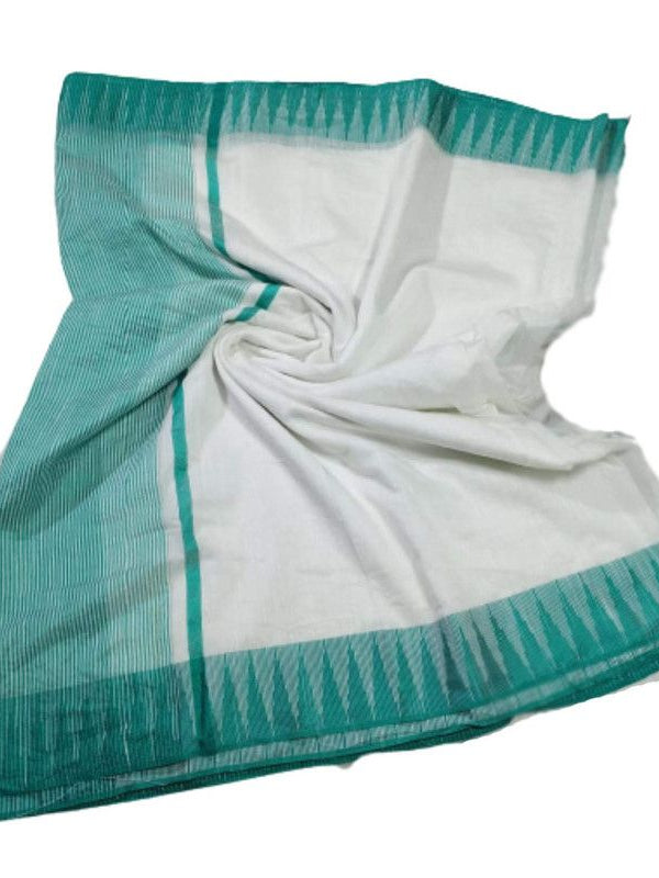White-Turquoise women's Bhagalpuri Handloom Kota Silk Temple Border Saree And Variation Of Colors With Striped Blouse Piece - View 3