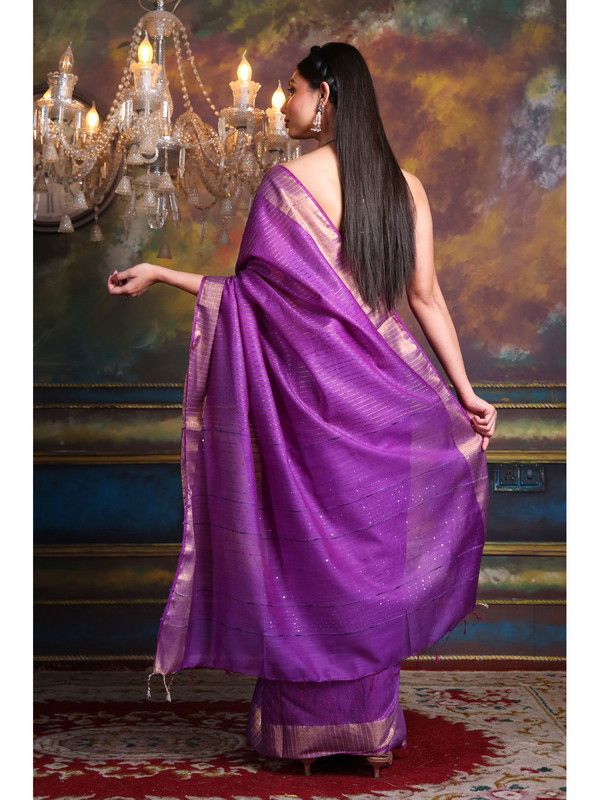 Bhagalpuri Handloom Cotton Silk Striped Sequin Pallu Saree for women's (Electric_Purple) - View 3
