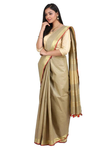 Linen Cotton Blend Contrast Handloom Bhagalpuri Saree for Women (Gold-Khaki_Brown-Red) - View 2
