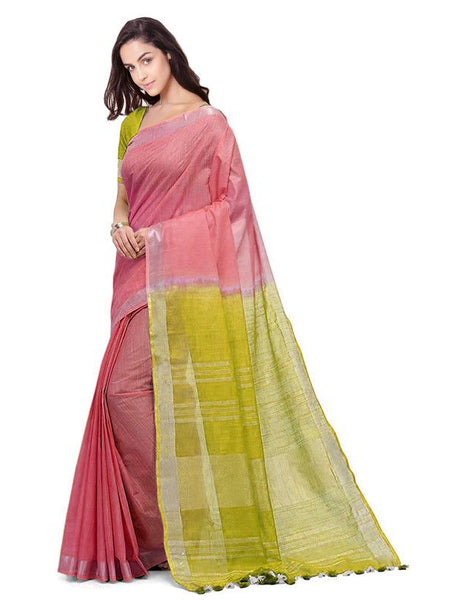 Coral Pink & Pear Green women's Bhagalpuri Handloom Linen Slub Blend Two Dye Saree With Running Unstitched Blouse Piece - View 3