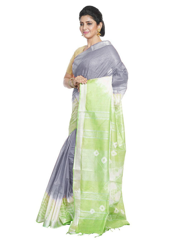 Grey & Light Green women's Bhagalpuri Handloom Cotton Linen Slub Blend Tie Two Dye (Sibory Two Dye) Saree With Running Unstitched Blouse Piece - View 3
