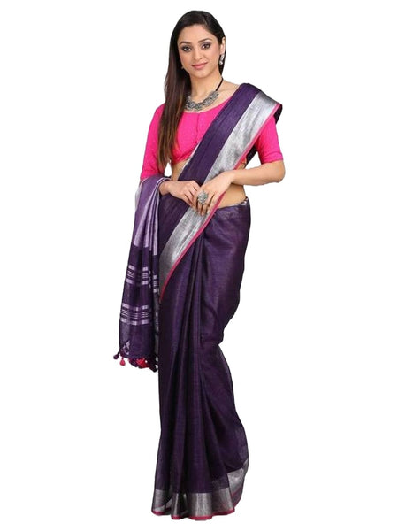 Linen Cotton Blend Contrast Handloom Bhagalpuri Saree for Women (French_Purple-Pink )