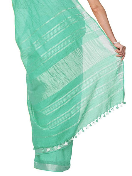 Mint Turquoise women's Handloom Bhagalpuri Cotton Linen Slub Blend Zari Border Saree Ethnic Wear With Running Unstitched Blouse Piece - View 5
