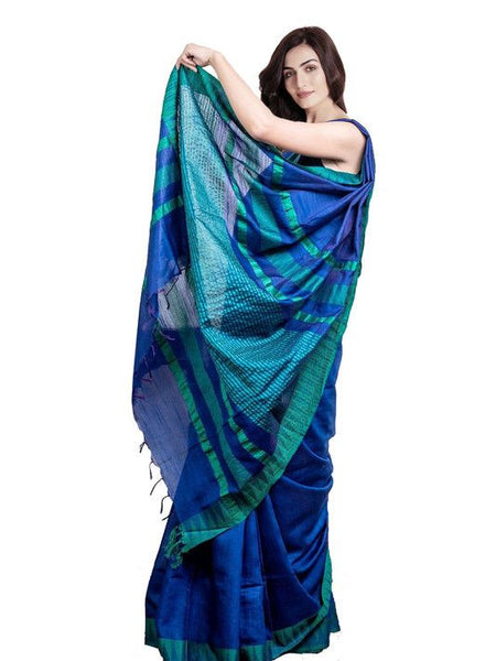 Klein Blue women's Bhagalpuri Handloom Kota Silk Temple Border Saree And Variation Of Colors With Striped Blouse Piece - View 2
