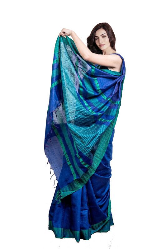 Klein Blue women's Bhagalpuri Handloom Kota Silk Temple Border Saree And Variation Of Colors With Striped Blouse Piece - View 2
