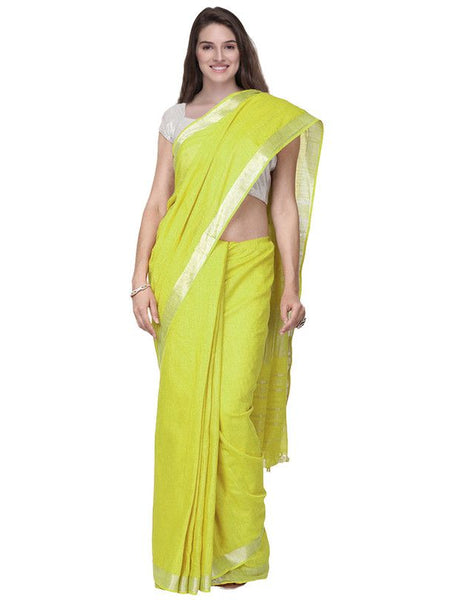 Lemon Yellow women's Handloom Bhagalpuri Cotton Linen Slub Blend Zari Border Saree Ethnic Wear With Running Unstitched Blouse Piece