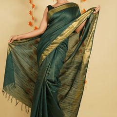 Sequins Handloom Silk Bhagalpuri British Green Striped Saree - View 5