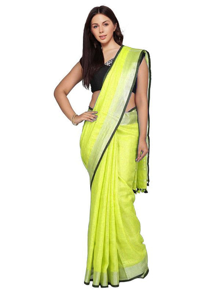 Lime Green women's Bhagalpuri Blend Linen Saree With Black Pipine Contrast Blouse Piece
