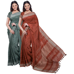 Hookers' Green & Sienna Orange women's Bhagalpuri Handloom Cotton-Linen Blend Saree Combo (Pack Of 2) With Running Unstiched Blouse Piece