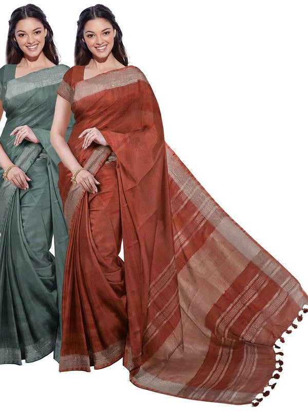 Hookers' Green & Sienna Orange women's Bhagalpuri Handloom Cotton-Linen Blend Saree Combo (Pack Of 2) With Running Unstiched Blouse Piece