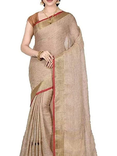 Brown-Red women's Handloom Bhagalpuri Cotton Linen Blend Saree Ethnic Wear With Contrast Unstitched Blouse Piece