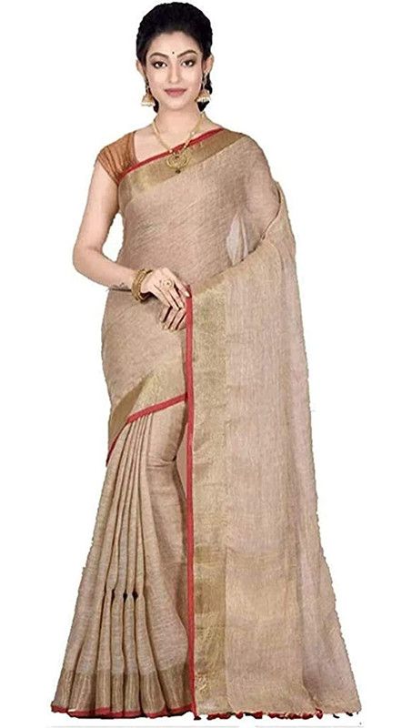 Brown-Red women's Handloom Bhagalpuri Cotton Linen Blend Saree Ethnic Wear With Contrast Unstitched Blouse Piece