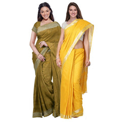 Olive Green & Yellow women's Bhagalpuri Handloom Cotton-Linen Blend Saree Combo (Pack Of 2) With Running Unstiched Blouse Piece