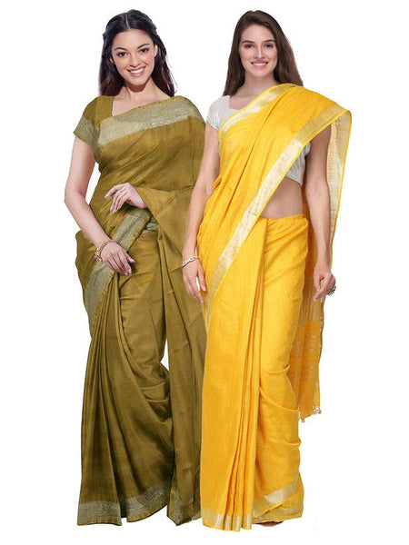 Olive Green & Yellow women's Bhagalpuri Handloom Cotton-Linen Blend Saree Combo (Pack Of 2) With Running Unstiched Blouse Piece