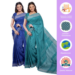 Cobalt Blue & Cyan women's Bhagalpuri Handloom Cotton-Linen Blend Saree Combo (Pack Of 2) With Running Unstiched Blouse Piece - View 2